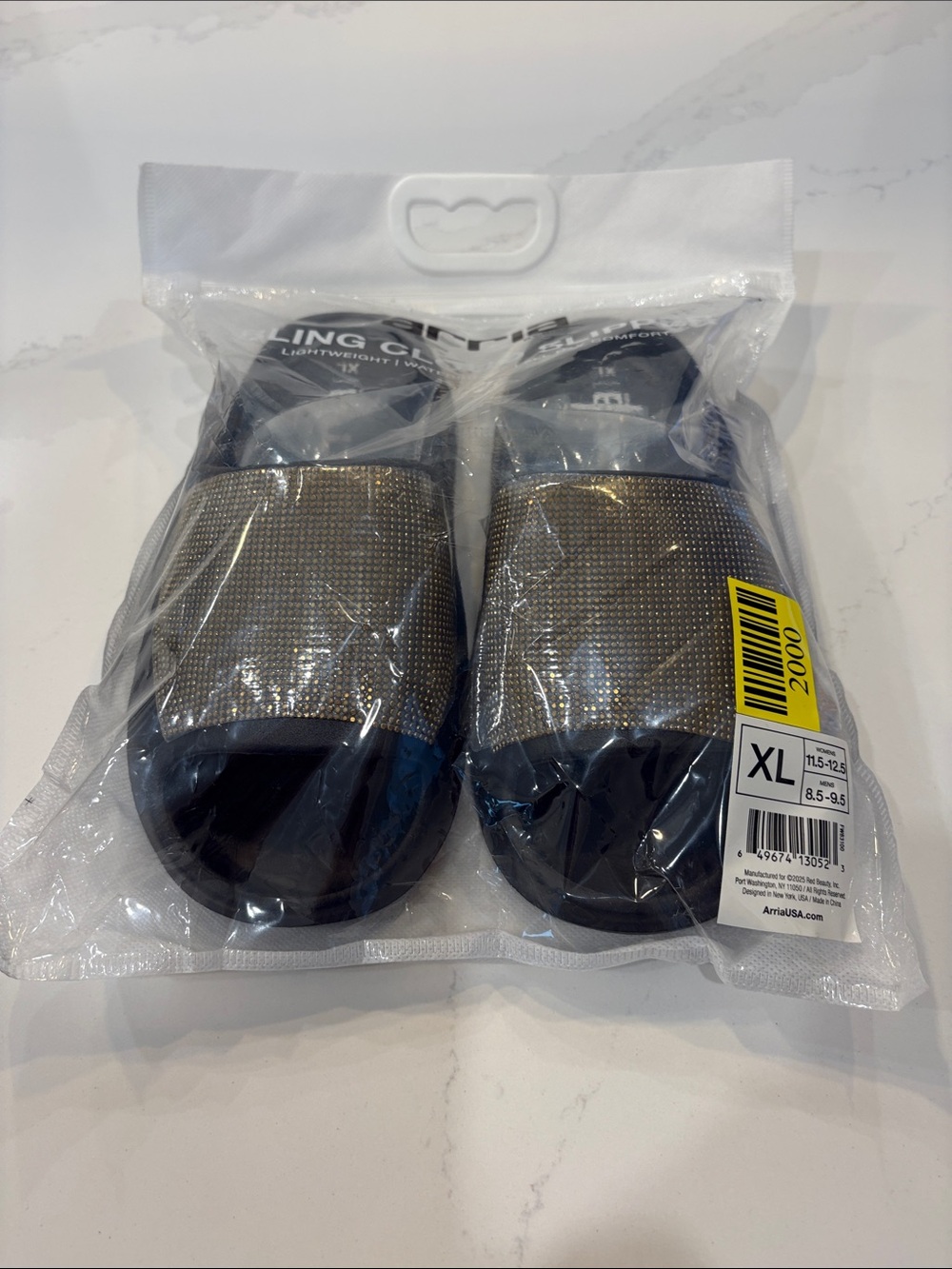 Arria Bling Cloud Sliipers - Black Slides with Gold Rhinestone Strap